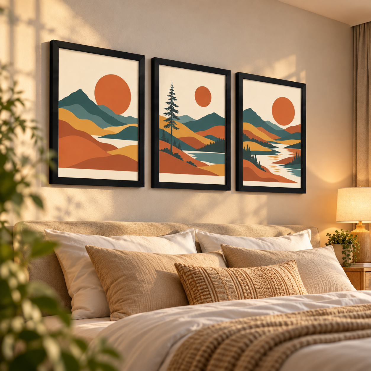 Mid-Century Boho Mountain Landscape Wall Art Set - Image 2