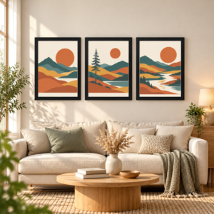 Mid-Century Boho Mountain Landscape Wall Art Set