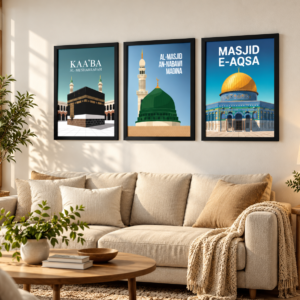 Kaaba Madina Al-Aqsa Islamic Wall Art Frame Set of 3